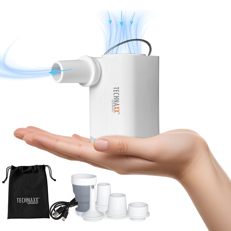 Technaxx Mini akumulátorová vzduchová pumpa Pro TX-299 3600 mAh, nabíjateľná elektrická pumpa s funkciou powerbanky, LED svetlom, 5 tryskami a úložným puzdrom