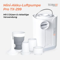 Technaxx Mini akumulátorová vzduchová pumpa Pro TX-299 3600 mAh, nabíjateľná elektrická pumpa s funkciou powerbanky, LED svetlom, 5 tryskami a úložným puzdrom 2