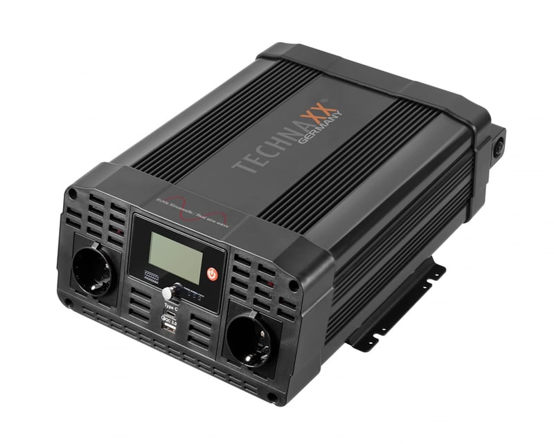Invertor s čistou sínusoidou Technaxx TE22 12V na 230V 2000W (špičkový výkon 4000W), TÜV Rheinland, LC displej, 2x Schuko zásuvka, USB-C a USB-A QC3.0, do auta a na kempovanie