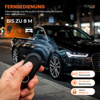 Autoalarm Technaxx TX-100 s PIR snímačom pohybu, 110 dB siréna, 6-dňová výdrž batérie, nabíjací port USB-A a USB-C, LED displej, diaľkové ovládanie, 12-24V 5