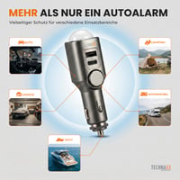 Autoalarm Technaxx TX-100 s PIR snímačom pohybu, 110 dB siréna, 6-dňová výdrž batérie, nabíjací port USB-A a USB-C, LED displej, diaľkové ovládanie, 12-24V 8