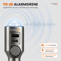 Autoalarm Technaxx TX-100 s PIR snímačom pohybu, 110 dB siréna, 6-dňová výdrž batérie, nabíjací port USB-A a USB-C, LED displej, diaľkové ovládanie, 12-24V 7