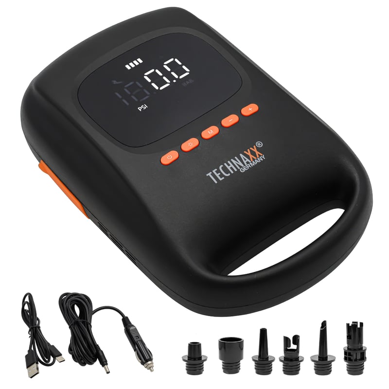 Technaxx TX-266 Elektrická akumulátorová pumpa na paddleboard 20 PSI, bezdrôtová vzduchová pumpa na paddleboard, kajak, čln, 7500 mAh, 6 trysiek