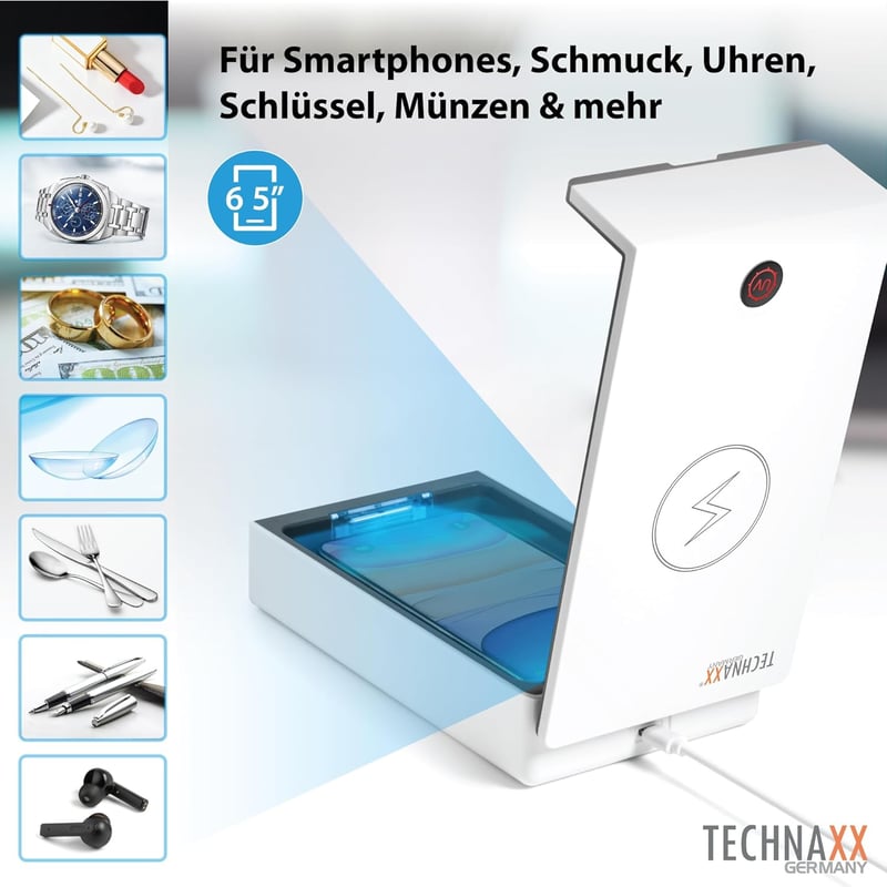 Technaxx UV Sterilizáló Doboz TX-148 - Telefon Fertőtlenítő, Vezeték Nélküli Töltés, 99,9% Hatékonyság