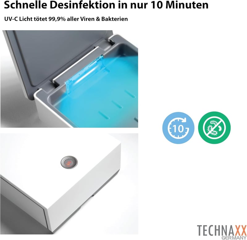 Technaxx UV Sterilizáló Doboz TX-148 - Telefon Fertőtlenítő, Vezeték Nélküli Töltés, 99,9% Hatékonyság