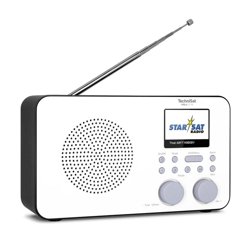 Prenosné internetové rádio TechniSat Viola 2 C IR – DAB+, FM, Wi-Fi, 6 cm farebný displej, budík, 3W RMS, batéria, biele