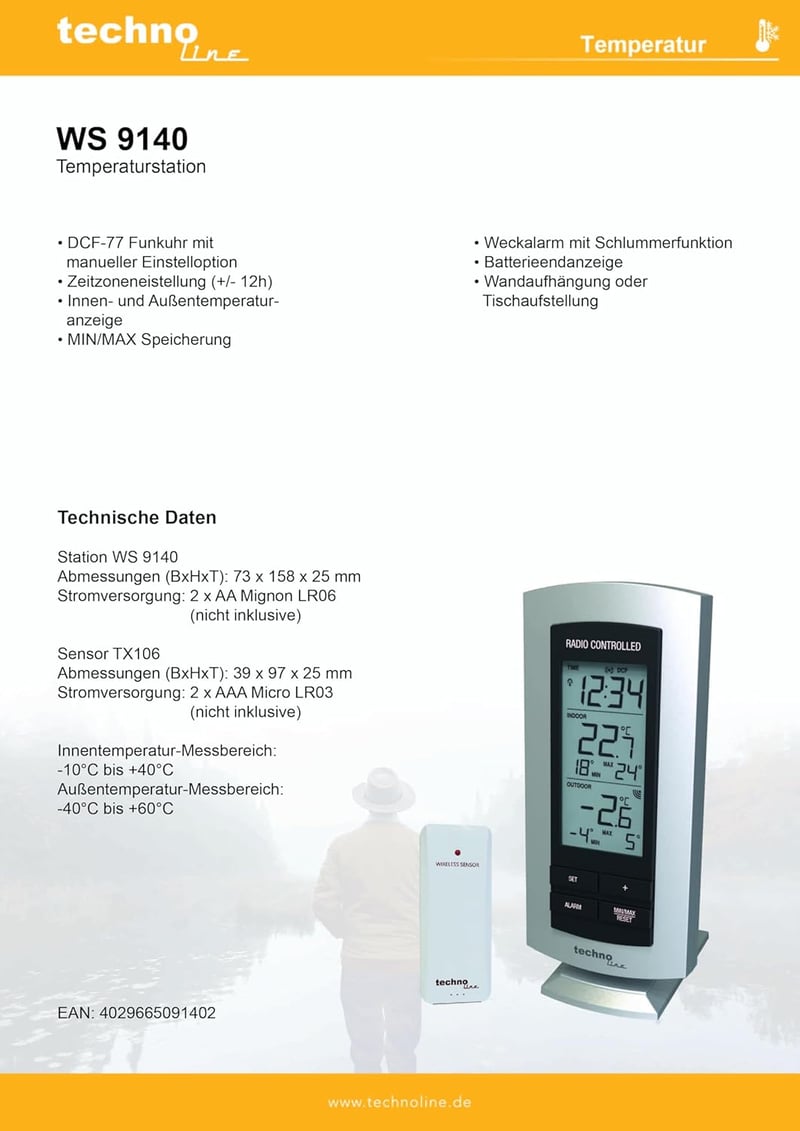 Technoline WS 9140-IT Rádiós Időjárásállomás Ezüst - Beltéri és Kültéri Hőmérő - Single