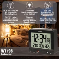 Ceas deșteptător radio-controlat Technoline WT 195 cu afișaj al temperaturii, setare automată a orei, funcție de amânare (snooze), lumină de veghe, afișaj LCD mare, calendar, negru 5