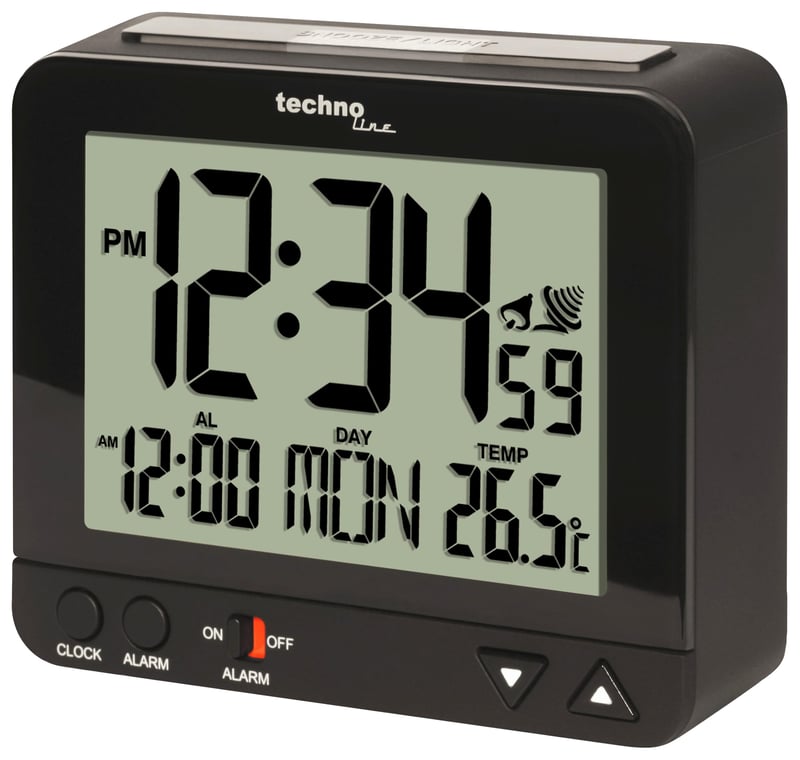 Ceas deșteptător radio-controlat Technoline WT 195 cu afișaj al temperaturii, setare automată a orei, funcție de amânare (snooze), lumină de veghe, afișaj LCD mare, calendar, negru