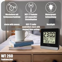 Technoline WT 260 DCF77 rádiový budík čierny – LCD displej, vnútorná teplota, dátum, funkcia odloženia budenia (snooze), digitálne hodiny do spálne 2