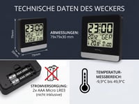 Technoline WT 260 DCF77 rádiový budík čierny – LCD displej, vnútorná teplota, dátum, funkcia odloženia budenia (snooze), digitálne hodiny do spálne 5
