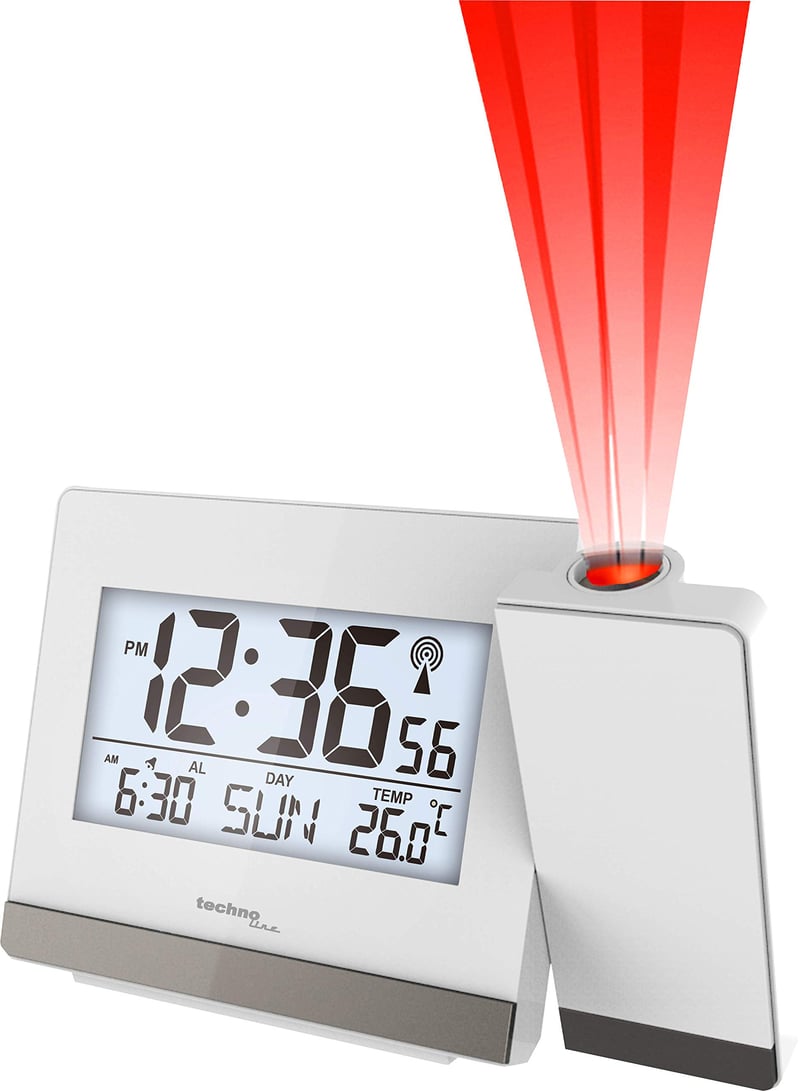 Ceas deșteptător cu proiecție Technoline WT 538 DCF77, cu afișaj temperatură, calendar, funcție snooze, iluminare de fundal, alb