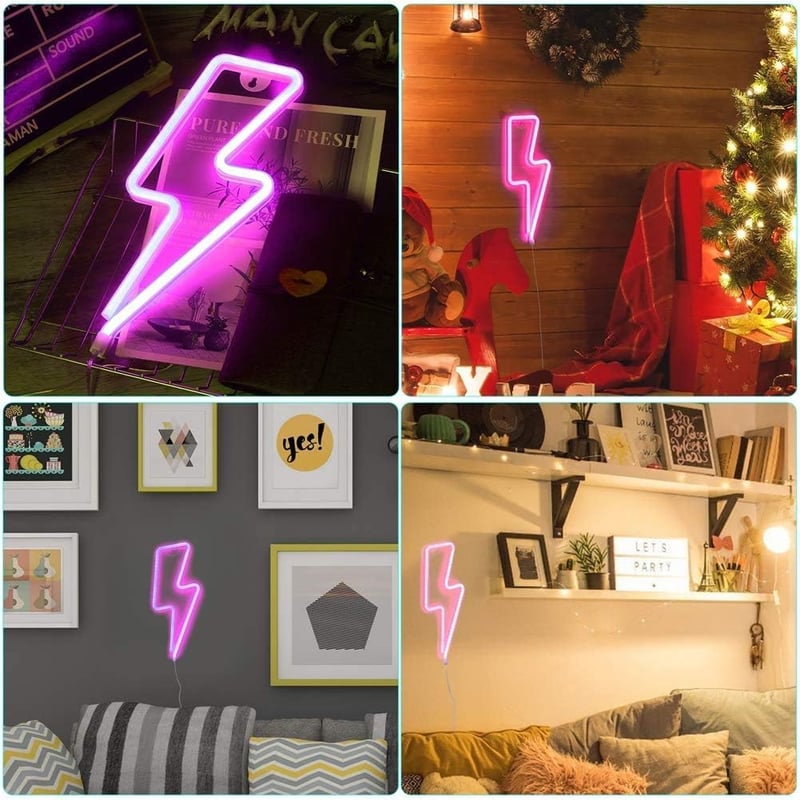 TECHSHARE Neon LED Villám Fali Lámpa, USB/Akkumulátor Üzemeltetésű, Rózsaszín