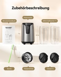 TECKNET 1000W Smoothie mixér s 2x600 ml BPA-free prenosnými nádobami, čepeľou z nehrdzavejúcej ocele 304, elektrický mixér 7
