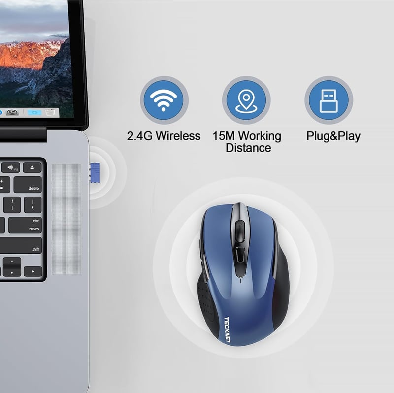 TECKNET 2.4G Wireless Ergonomikus Egér Újratölthető 6 Gomb 4000 DPI Laptop PC