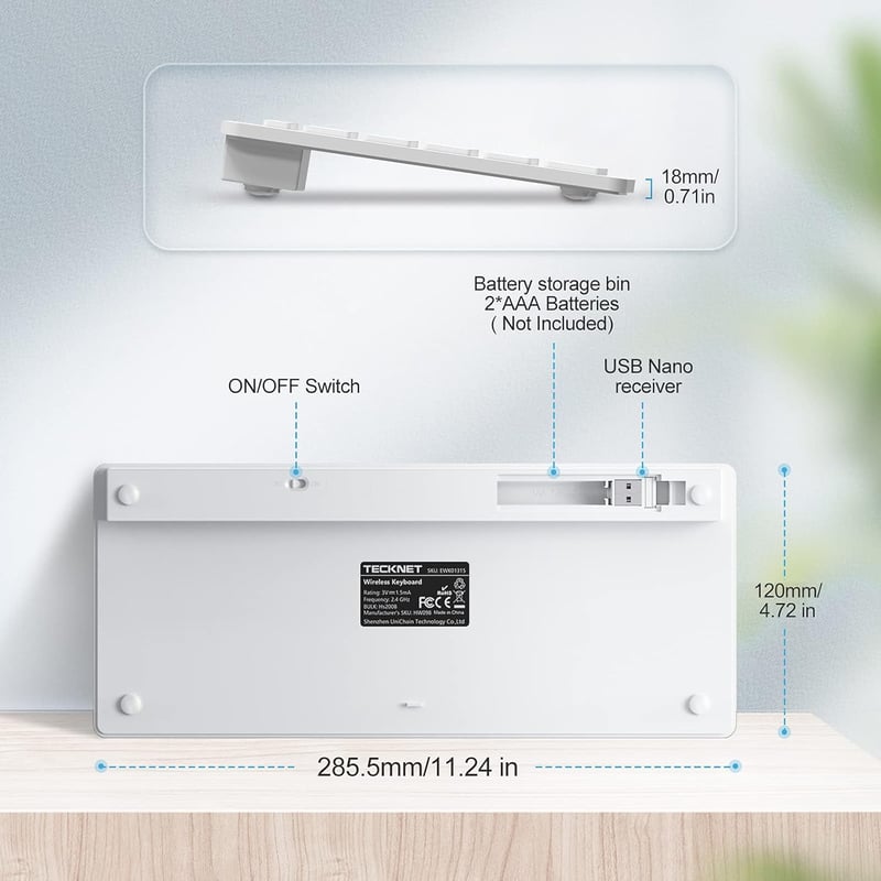 TECKNET 2.4G Wireless Kompakt Billentyűzet Médiagombokkal, Ultra Vékony, 12 Hónapos Akkumulátor, PC/Laptop/TV Kompatibilis - Fehér