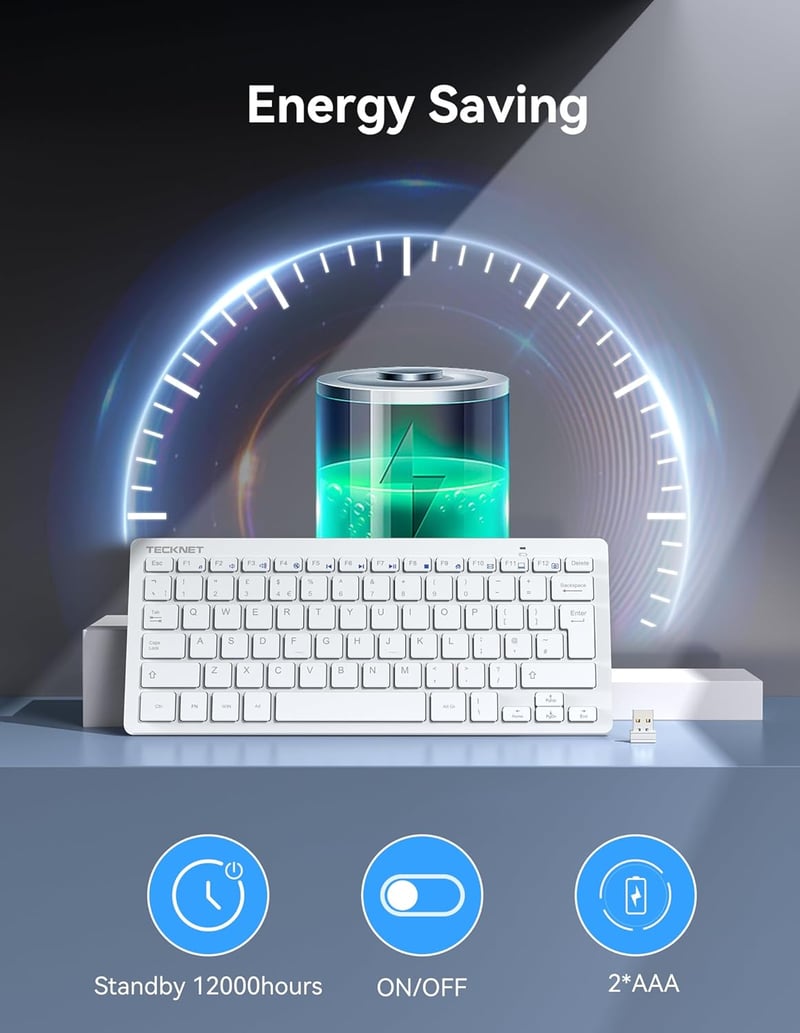 TECKNET 2.4G Wireless Kompakt Billentyűzet Médiagombokkal, Ultra Vékony, 12 Hónapos Akkumulátor, PC/Laptop/TV Kompatibilis - Fehér