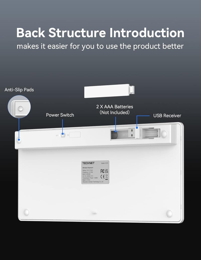 TECKNET 2.4G Wireless Kompakt Billentyűzet Médiagombokkal, Ultra Vékony, 12 Hónapos Akkumulátor, PC/Laptop/TV Kompatibilis - Fehér