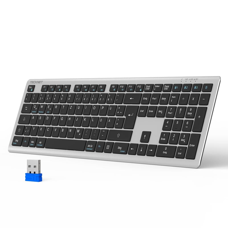 TECKNET Bluetooth bezdrôtová klávesnica, nabíjateľná, pre 4 zariadenia, nemecké rozloženie QWERTZ