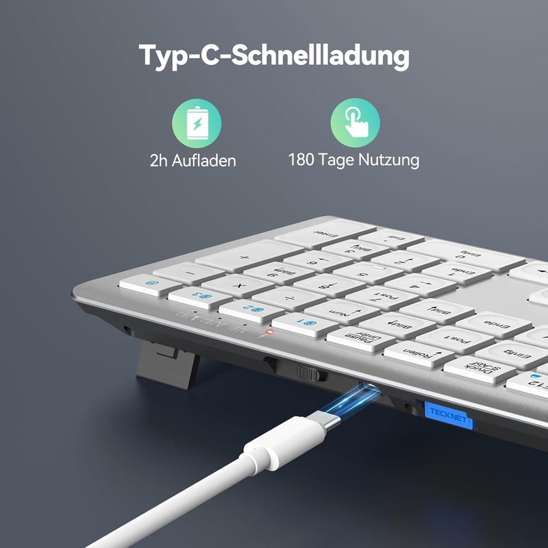 TECKNET Bluetooth Billentyűzet Vezeték Nélküli Újratölthető 4 Eszköz Német QWERTZ