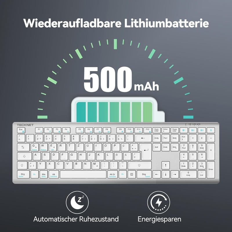 TECKNET Bluetooth Billentyűzet Vezeték Nélküli Újratölthető 4 Eszköz Német QWERTZ
