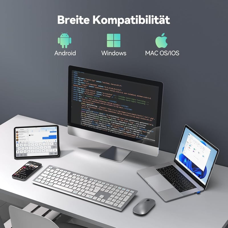 TECKNET Bluetooth Billentyűzet Vezeték Nélküli Újratölthető 4 Eszköz Német QWERTZ