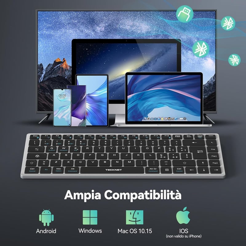 TECKNET Bluetooth Billentyűzet Vezeték Nélküli Újratölthető Windows Android TV Olasz QWERTZ