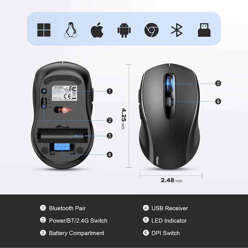 TECKNET Bluetooth Egér 4000 DPI Tri-Mode Vezeték Nélküli Egér Laptophoz PC-hez