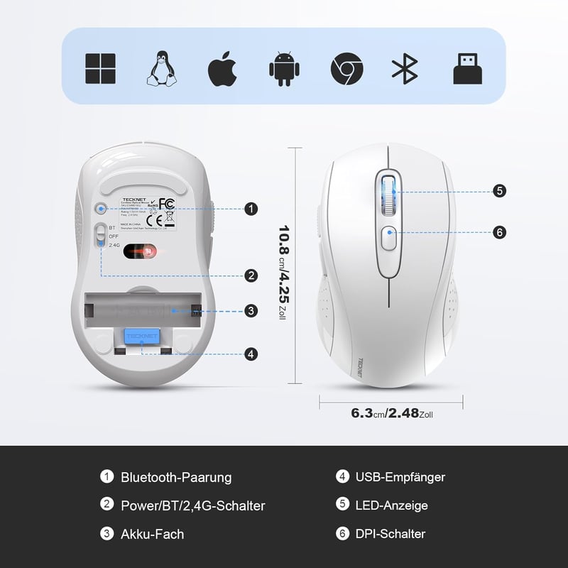 TECKNET Bluetooth Egér 4000 DPI Tri-Mode Vezeték Nélküli Egér Laptophoz PC-hez