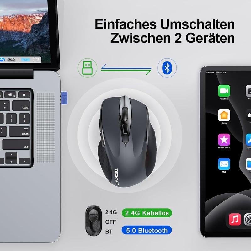 TECKNET Bluetooth Egér 4800 DPI Vezeték Nélküli Ergonomikus Csend Mód Laptop PC Mac