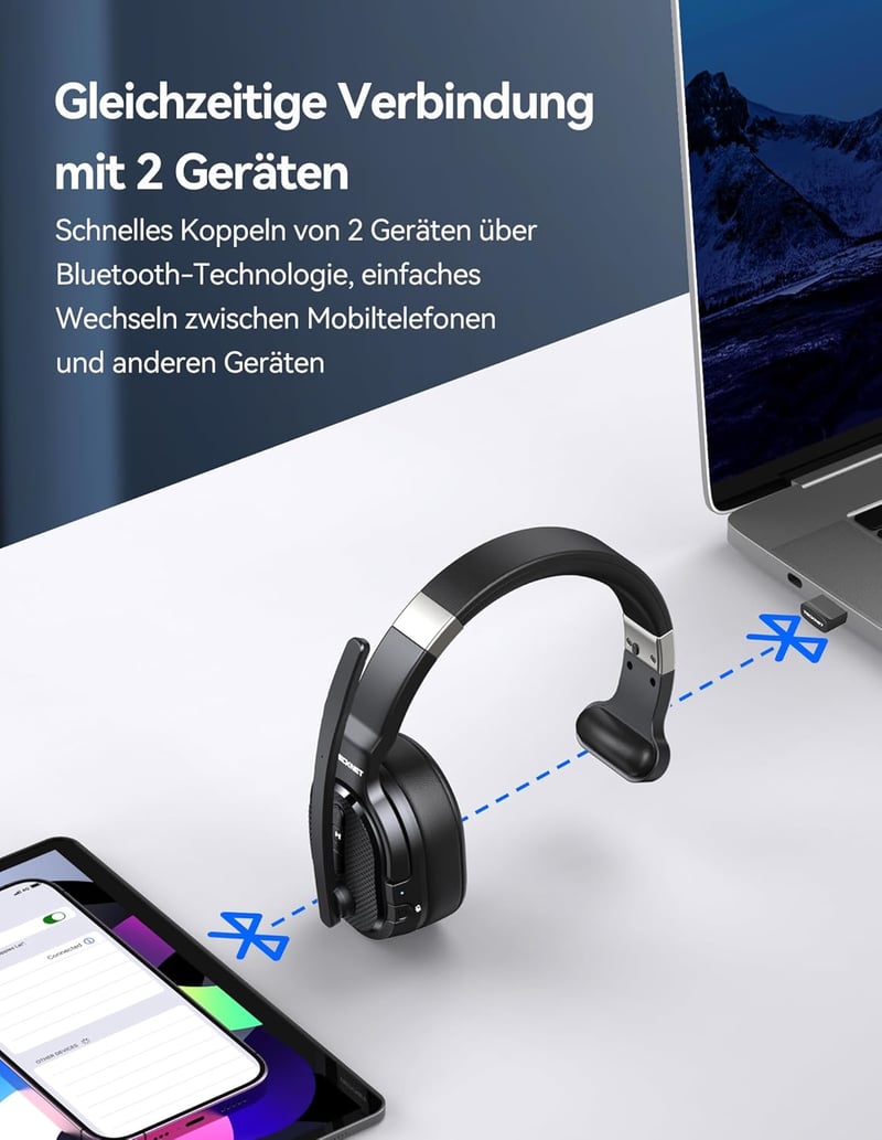TECKNET Bluetooth Headset Mikrofonnal és USB Adapterrel, Zajszűrés, 70 Óra Beszélgetési Idő
