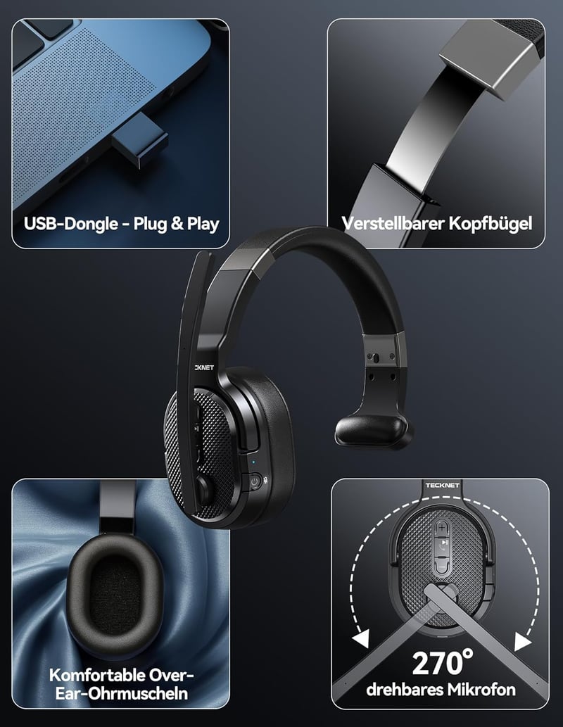 TECKNET Bluetooth Headset Mikrofonnal és USB Adapterrel, Zajszűrés, 70 Óra Beszélgetési Idő