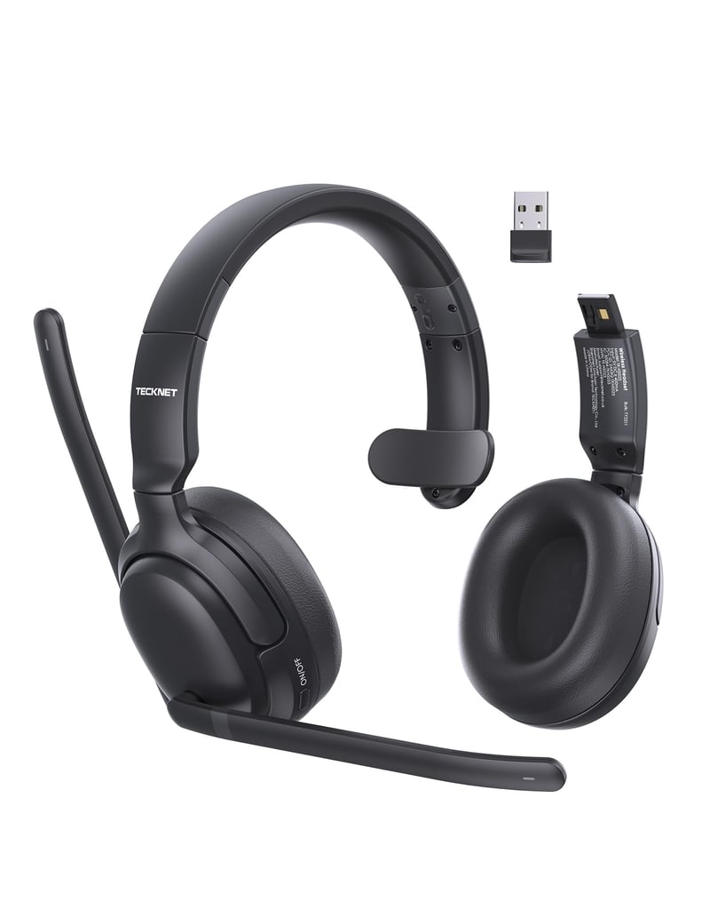 TECKNET Bluetooth náhlavná súprava s mikrofónom, V5.4, 2 v 1 mono/stereo, 65+ hodín výdrže batérie, s USB-A prijímačom, pre kancelársku a domácu prácu