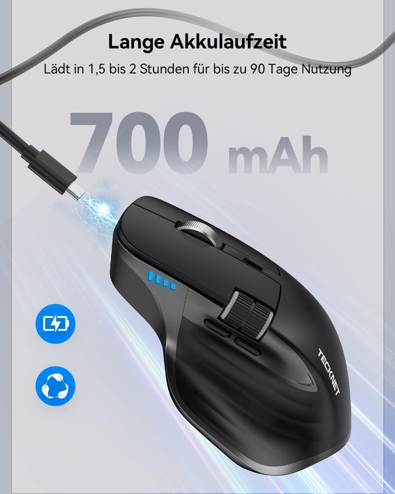 TECKNET Bluetooth Vezeték Nélküli Egér BT 5.0 Ergonomikus 4800 DPI Csendesen Működő