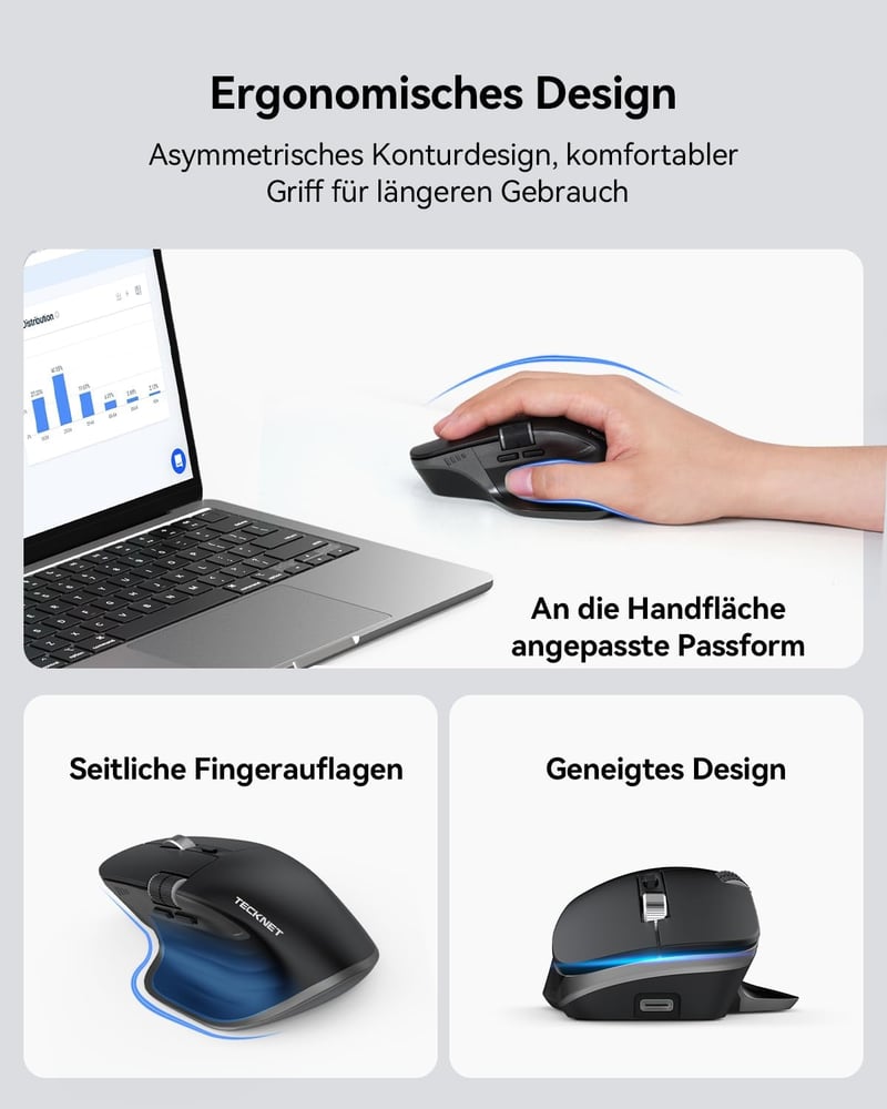 TECKNET Bluetooth Vezeték Nélküli Egér BT 5.0 Ergonomikus 4800 DPI Csendesen Működő