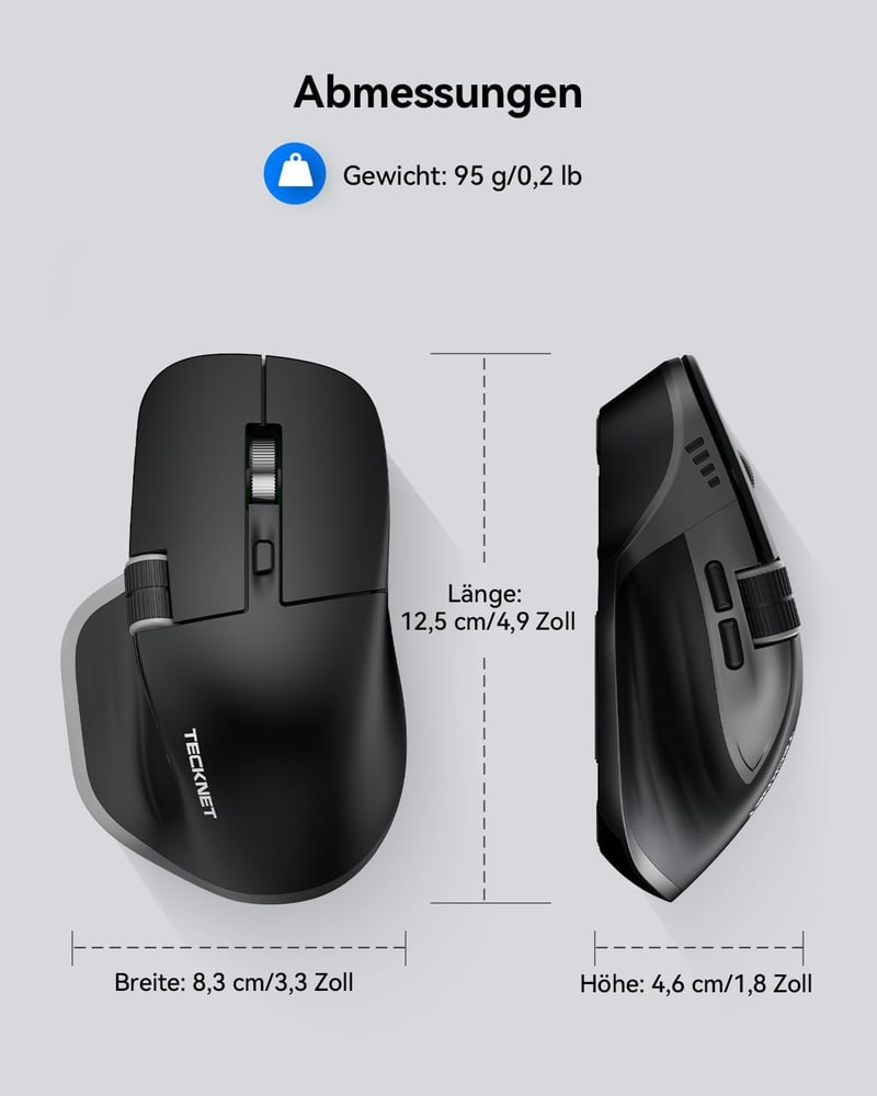 TECKNET Bluetooth Vezeték Nélküli Egér BT 5.0 Ergonomikus 4800 DPI Csendesen Működő