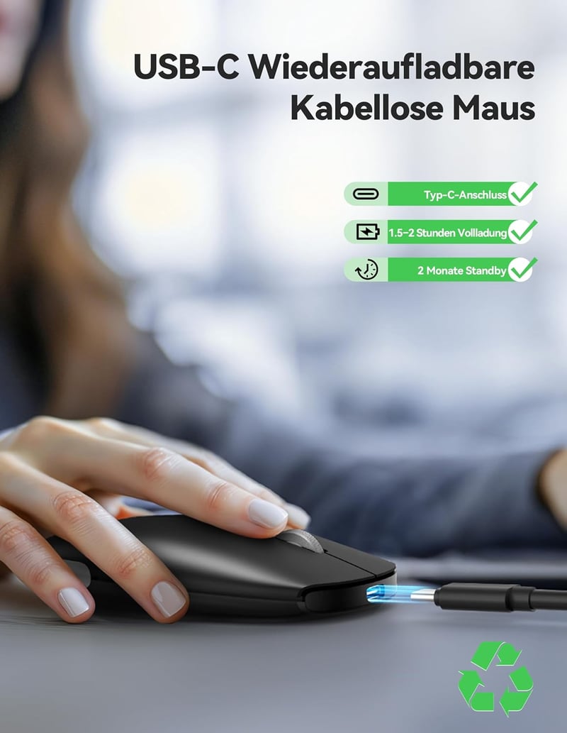 TECKNET Bluetooth Vezeték Nélküli Egér Újratölthető 2.4G USB - 4000 DPI Csendes Laptop PC Tablet