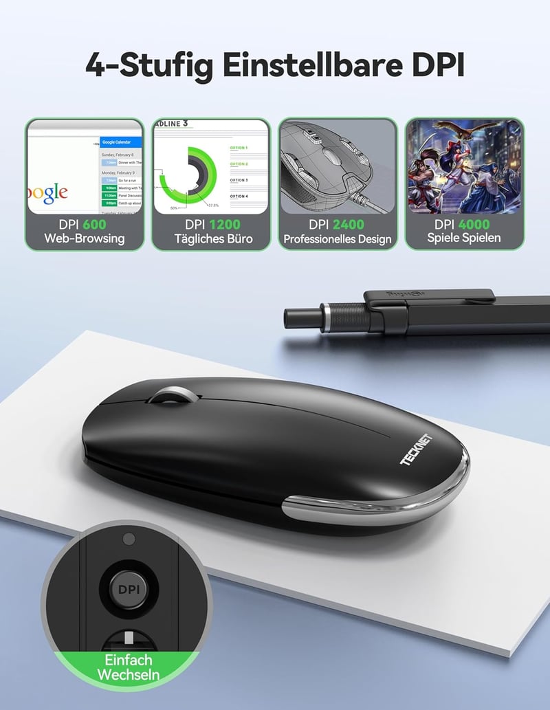 TECKNET Bluetooth Vezeték Nélküli Egér Újratölthető 2.4G USB - 4000 DPI Csendes Laptop PC Tablet