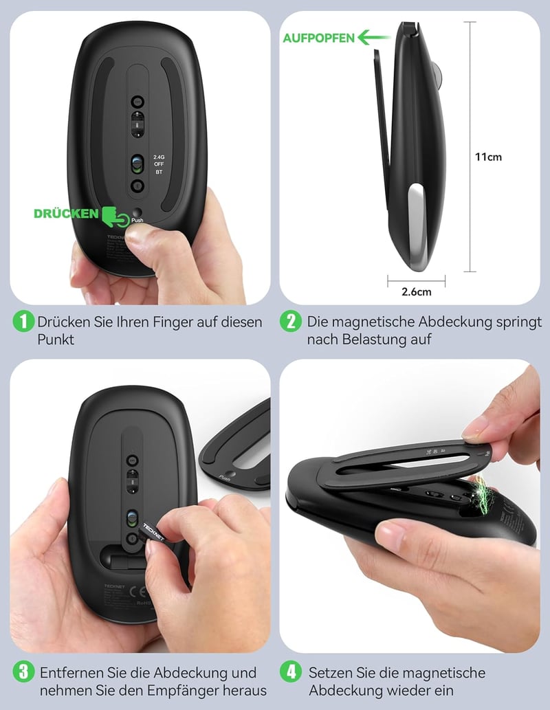 TECKNET Bluetooth Vezeték Nélküli Egér Újratölthető 2.4G USB - 4000 DPI Csendes Laptop PC Tablet
