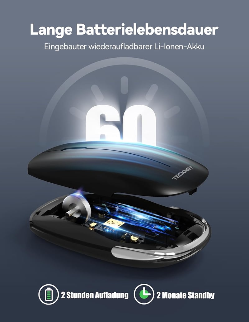 TECKNET Bluetooth Vezeték Nélküli Egér Újratölthető 2.4G USB - 4000 DPI Csendes Laptop PC Tablet