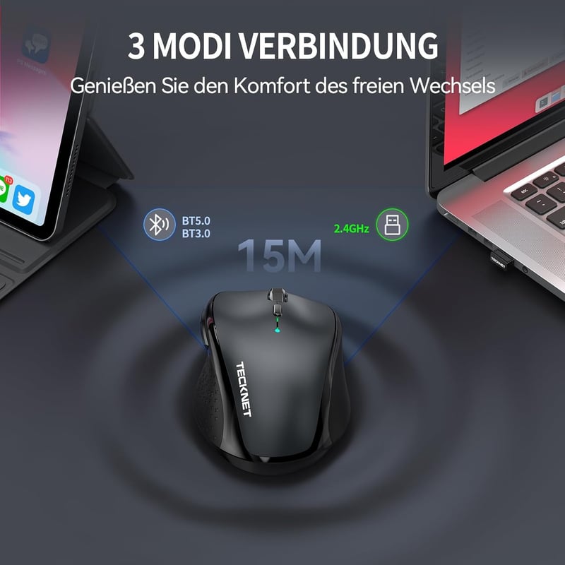 TECKNET Bluetooth Wireless Egér 4800 DPI, Tri-Mode (BT 5.0/3.0/2.4G), Csendes Számítógép Egér Laptophoz