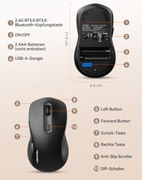 TECKNET Bluetooth Wireless Egér Tri Mode BT 5.0 2.4GHz 4800 DPI Csendes Ergonomikus 8