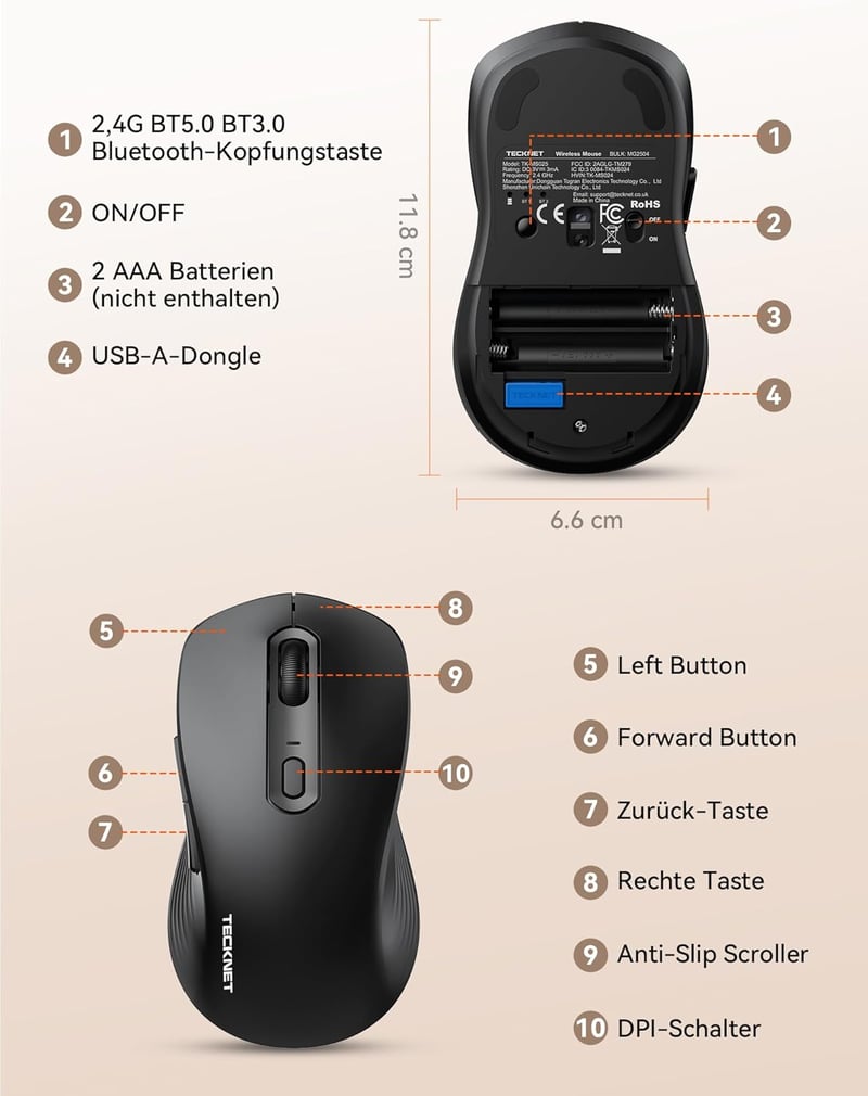 TECKNET Bluetooth Wireless Egér Tri Mode BT 5.0 2.4GHz 4800 DPI Csendes Ergonomikus