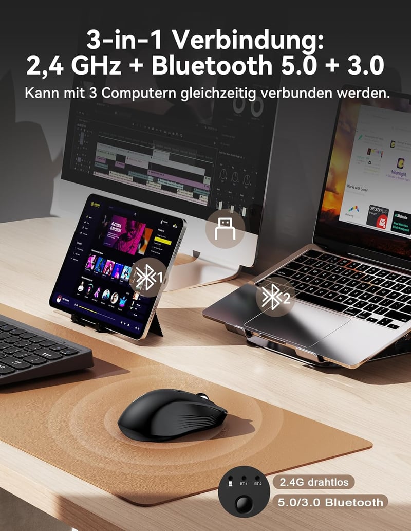 TECKNET Bluetooth Wireless Egér Tri Mode BT 5.0 2.4GHz 4800 DPI Csendes Ergonomikus