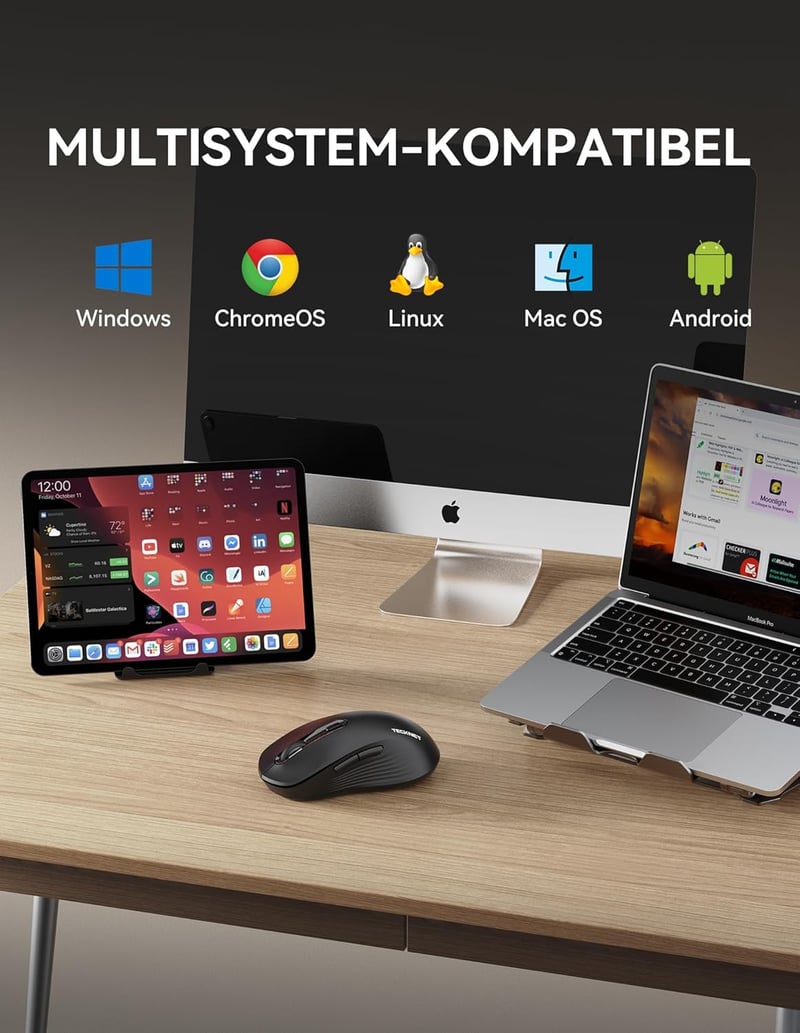 TECKNET Bluetooth Wireless Egér Tri Mode BT 5.0 2.4GHz 4800 DPI Csendes Ergonomikus
