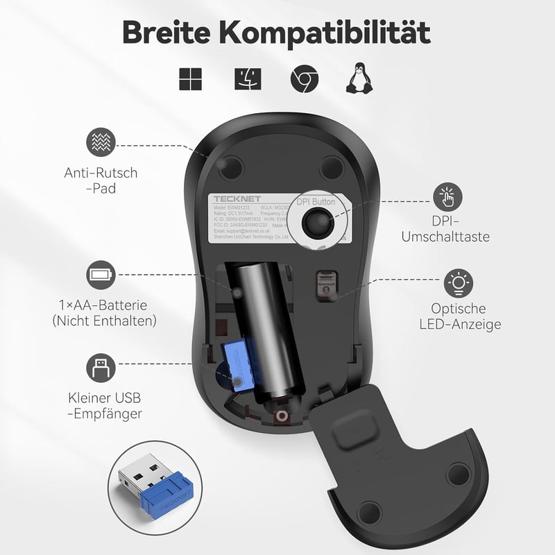 TECKNET Csendes Vezeték Nélküli Egér 3200 DPI, Bal és Jobbkezes, USB Nano Vevővel
