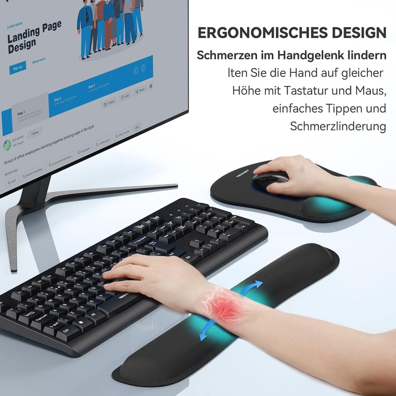 TECKNET Egérpad Csuklótámaszos Gél Párna és Ergonomikus Billentyűzet Csukló Alátét Szett Fekete