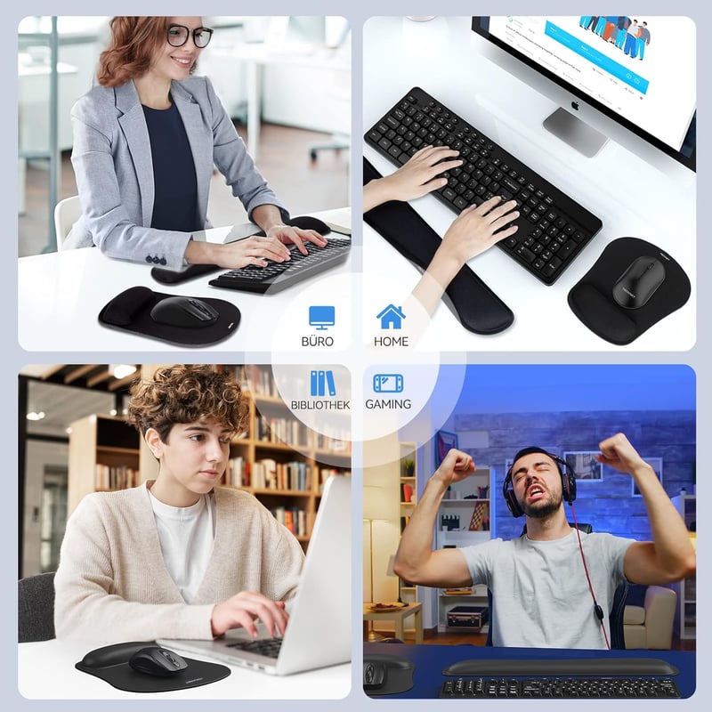 TECKNET Egérpad Csuklótámaszos Gél Párna és Ergonomikus Billentyűzet Csukló Alátét Szett Fekete
