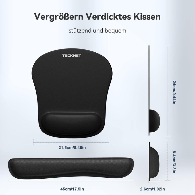 TECKNET Egérpad Csuklótámaszos Gél Párna és Ergonomikus Billentyűzet Csukló Alátét Szett Fekete