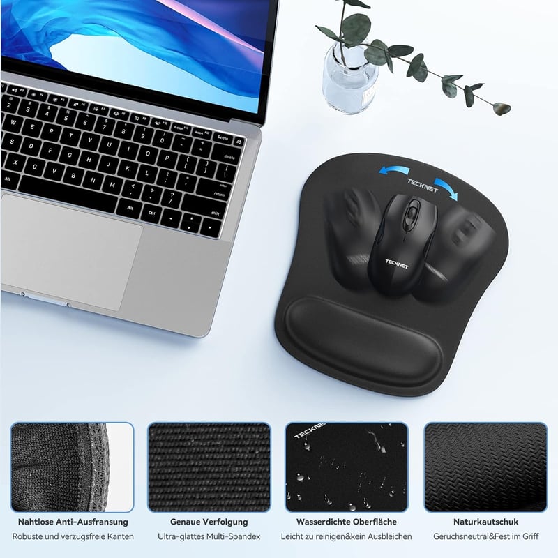 TECKNET Egérpad Csuklótámaszos Gél Párna és Ergonomikus Billentyűzet Csukló Alátét Szett Fekete